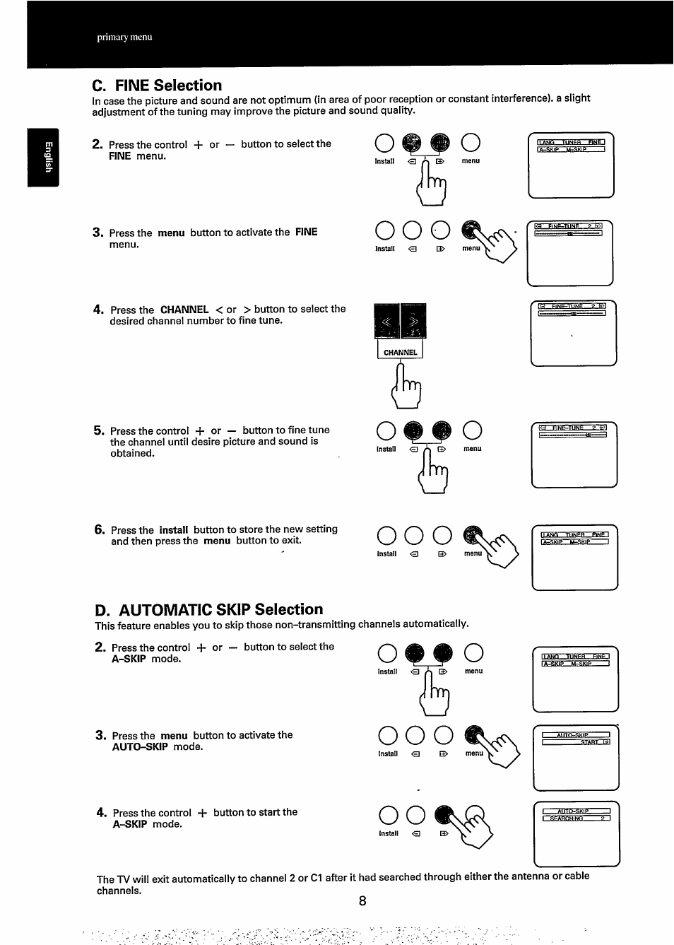 C. fine selection, D. automatic skip selection, Oo o o | O o o | Philips 20GX1850 User Manual | Page 8 / 19