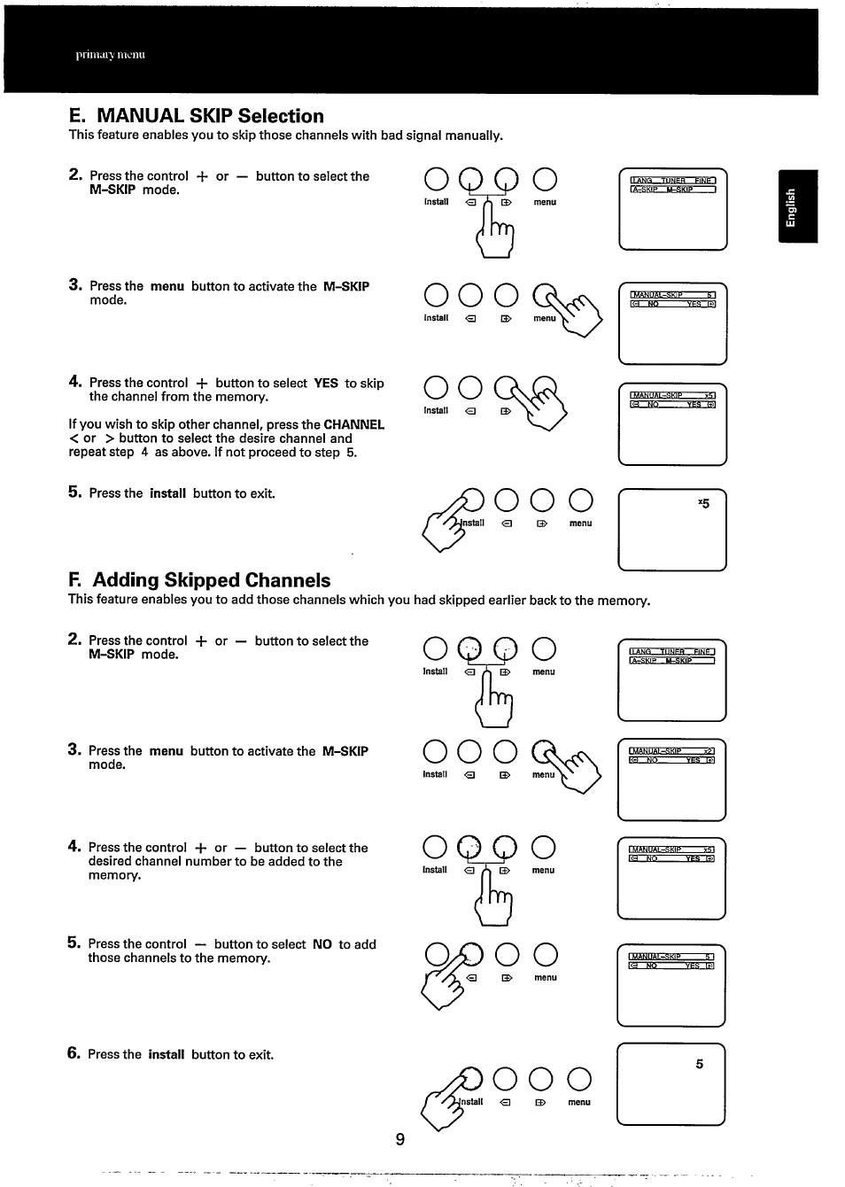 E. manual skip selection, Oqq o, R adding skipped channels | Oop o, 0^0 o, O o o, O q q o | Philips 20GX1850 User Manual | Page 9 / 19