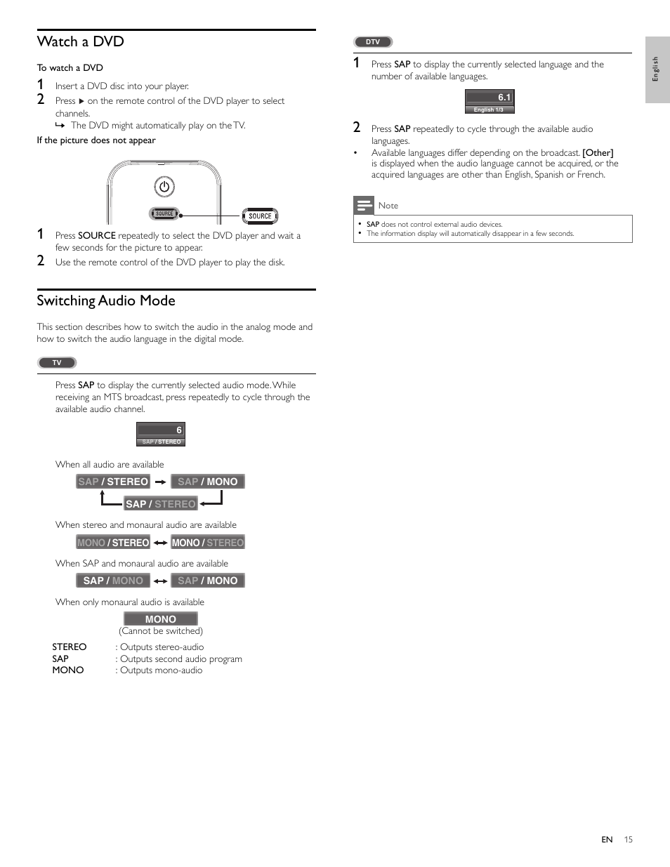 Watch a dvd, Switching audio mode | Philips 32PFL3514D User Manual | Page 16 / 42