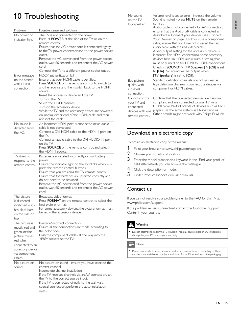 10 troubleshooting, Download an electronic copy, Contact us | Philips 32PFL3514D User Manual | Page 36 / 42