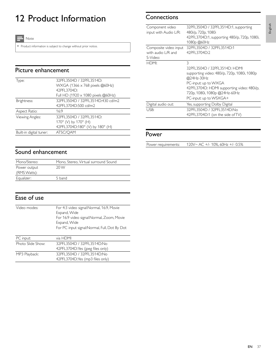 12 product information, Connections, Power | Picture enhancement, Sound enhancement, Ease of use | Philips 32PFL3514D User Manual | Page 38 / 42