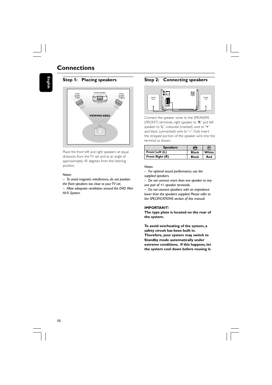 Connections, Step 1: placing speakers, Step 2: connecting speakers | Philips FW-D550 User Manual | Page 10 / 47