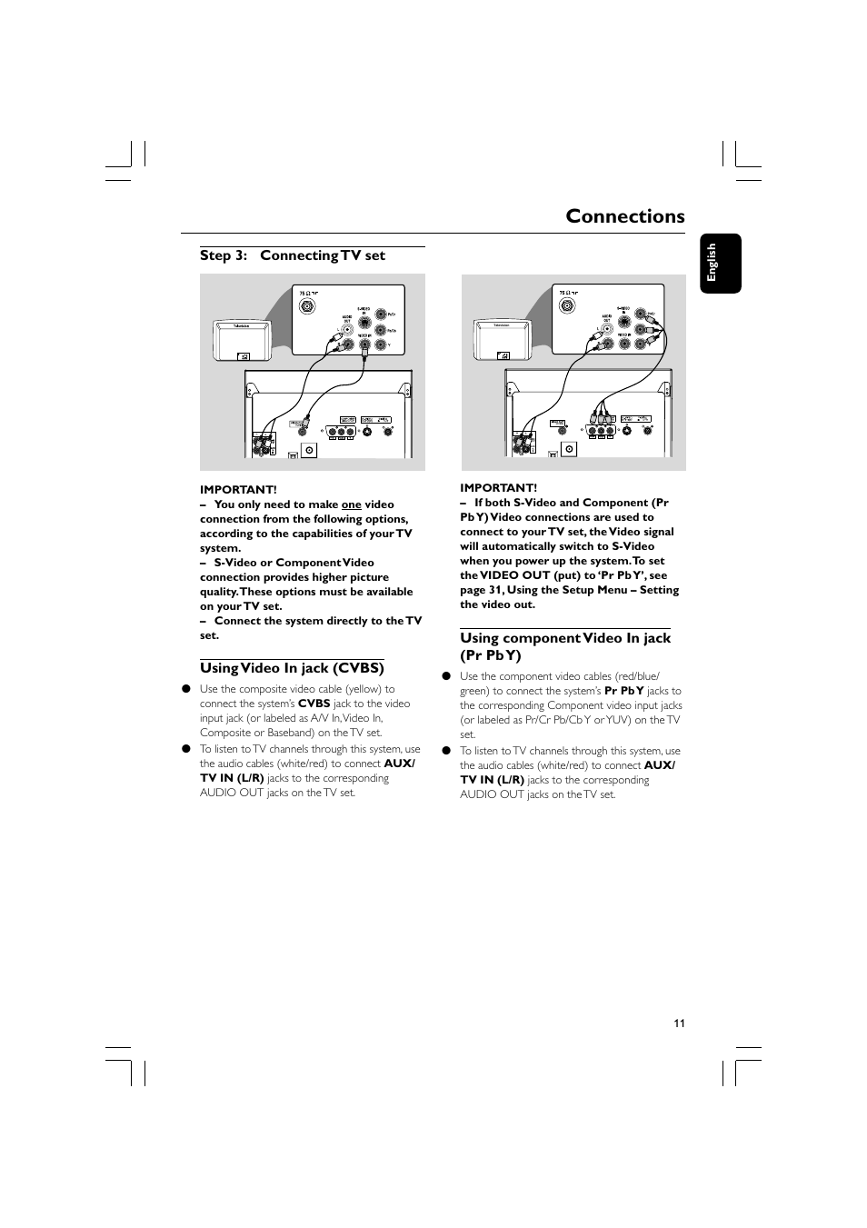 Connections, Step 3: connecting tv set, Using video in jack (cvbs) | Using component video in jack (pr pb y) | Philips FW-D550 User Manual | Page 11 / 47
