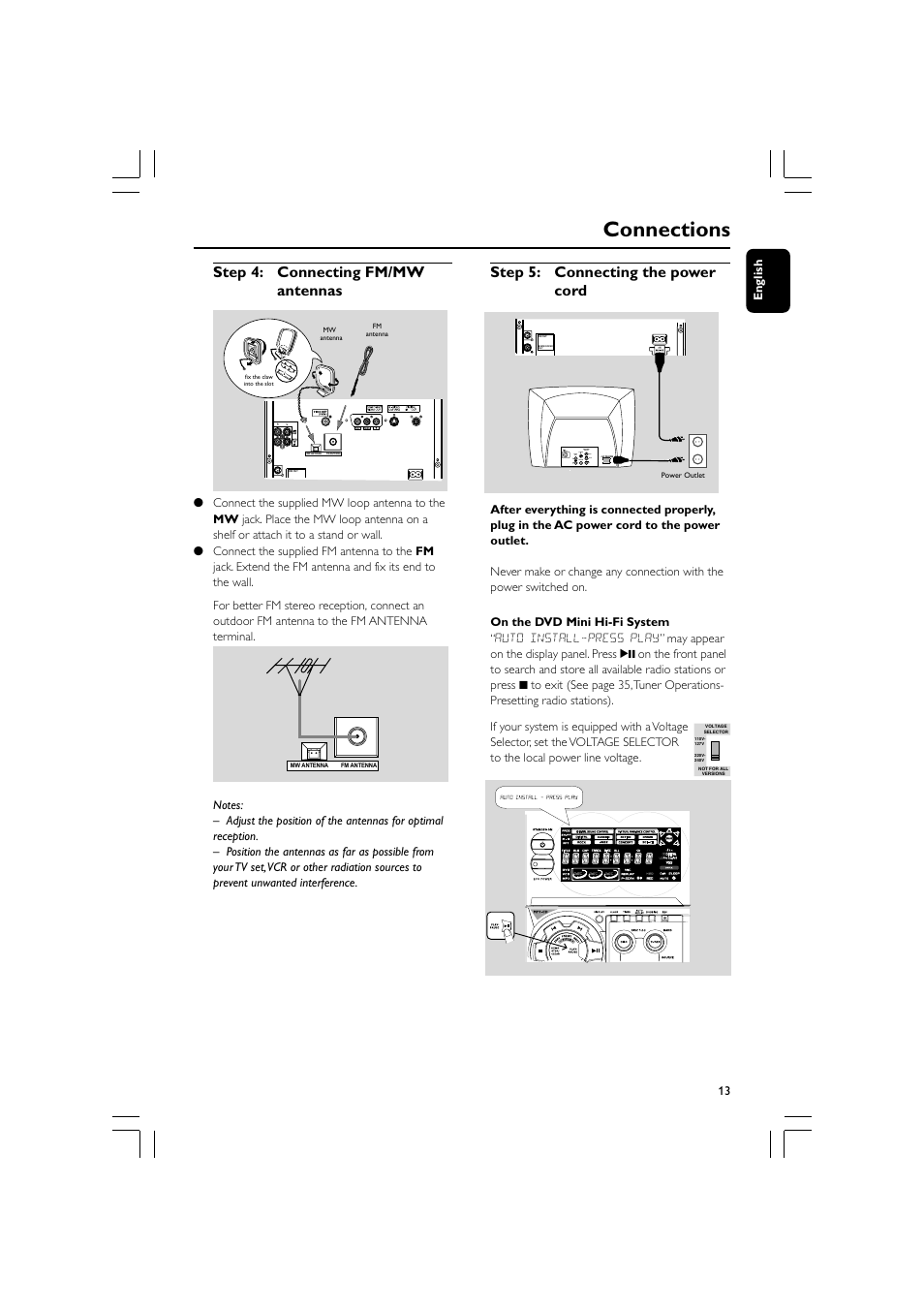 Connections, Step 4: connecting fm/mw antennas, Step 5: connecting the power cord | Philips FW-D550 User Manual | Page 13 / 47
