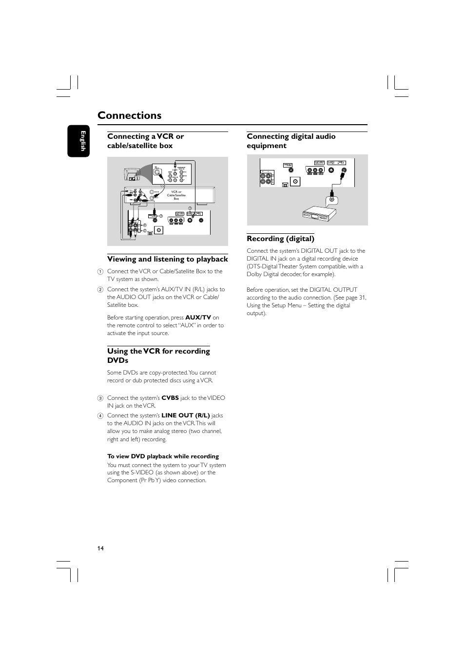 Connections, Connecting a vcr or cable/satellite box, Viewing and listening to playback | Using the vcr for recording dvds, Connecting digital audio equipment, Recording (digital), 14 english | Philips FW-D550 User Manual | Page 14 / 47