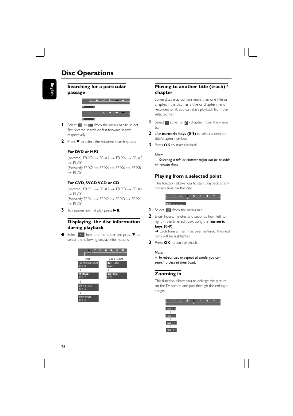 Disc operations, Searching for a particular passage, Displaying the disc information during playback | Moving to another title (track) / chapter, Playing from a selected point, Zooming in | Philips FW-D550 User Manual | Page 26 / 47