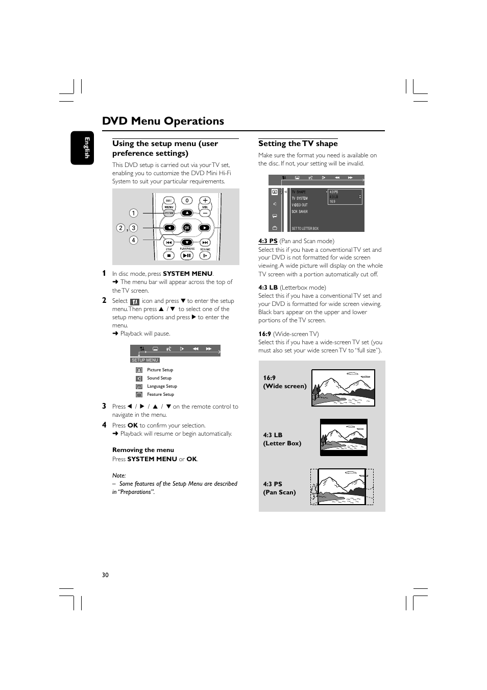 Dvd menu operations, Using the setup menu (user preference settings), Setting the tv shape | Philips FW-D550 User Manual | Page 30 / 47
