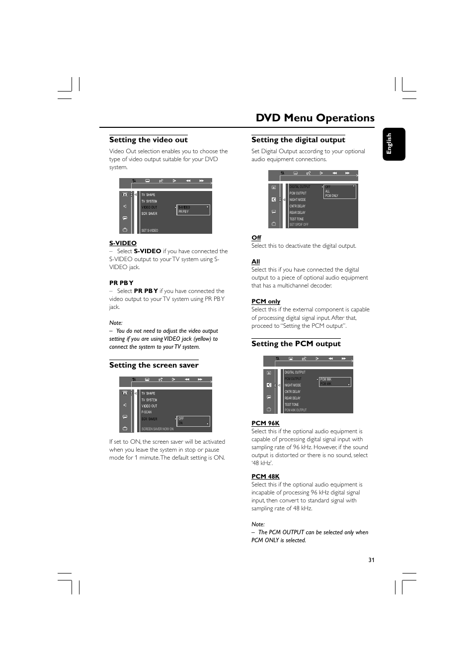 Dvd menu operations, Setting the video out, Setting the screen saver | Setting the digital output, Setting the pcm output | Philips FW-D550 User Manual | Page 31 / 47