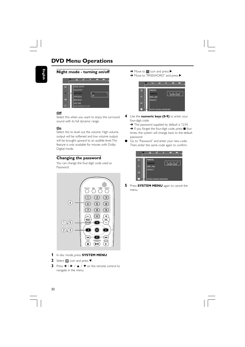 Dvd menu operations, Night mode - turning on/off, Changing the password | Philips FW-D550 User Manual | Page 32 / 47
