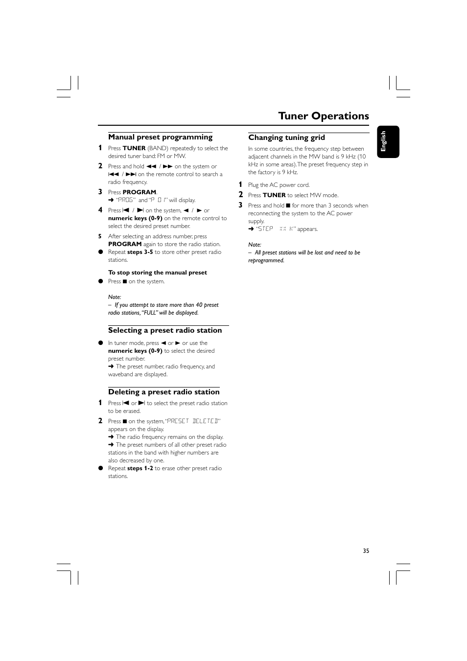 Tuner operations | Philips FW-D550 User Manual | Page 35 / 47
