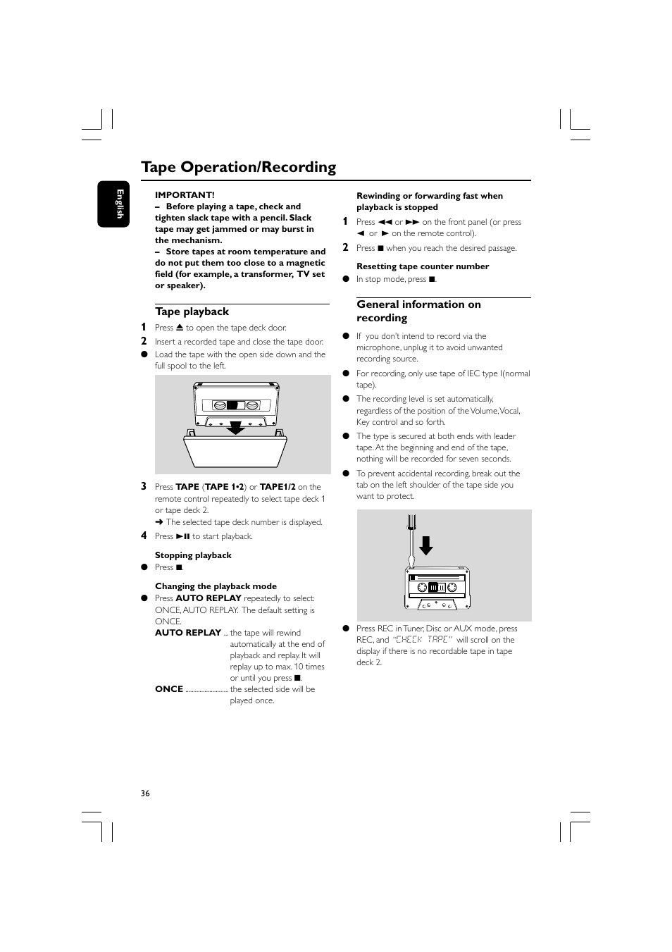 Tape operation/recording | Philips FW-D550 User Manual | Page 36 / 47