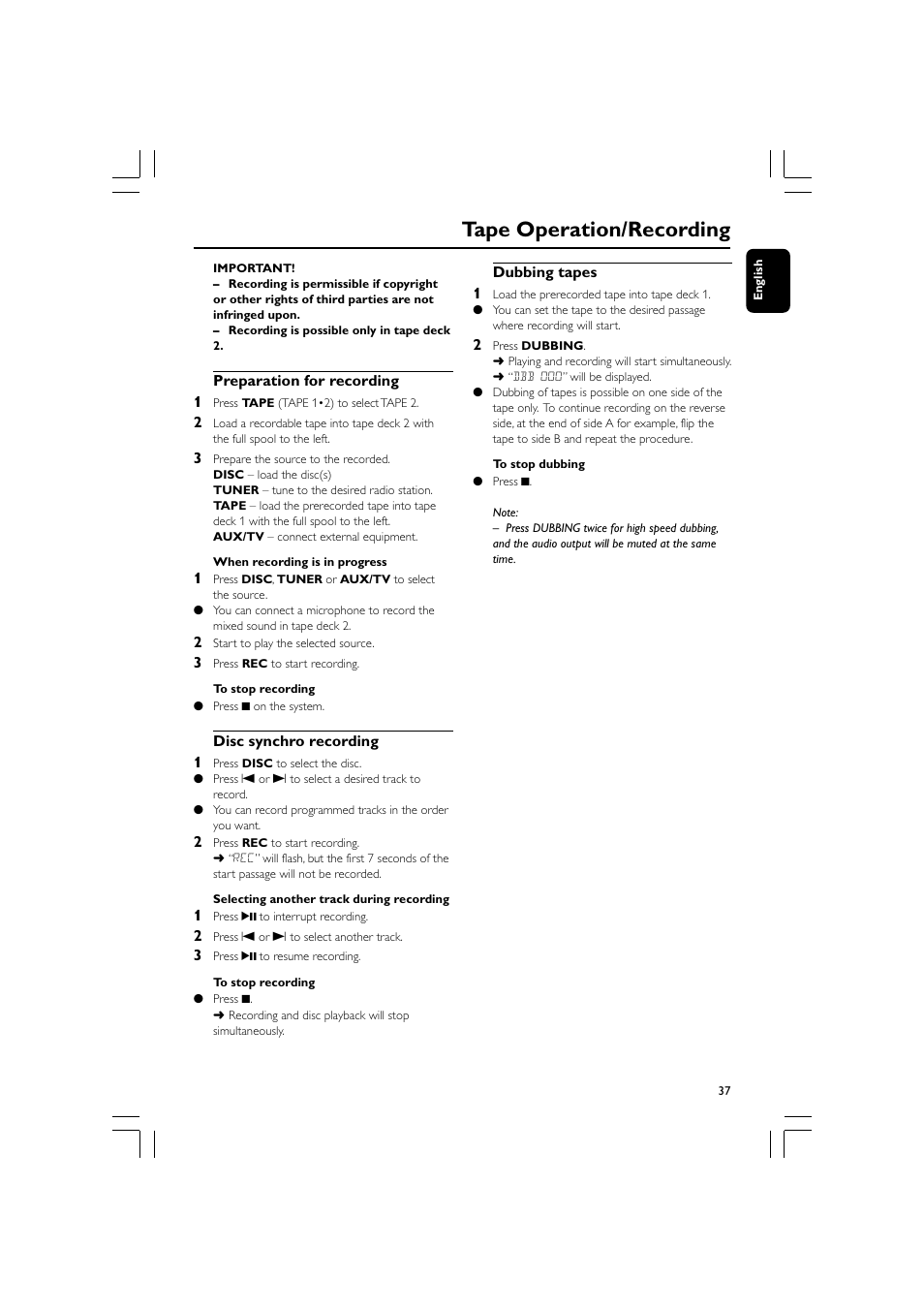 Tape operation/recording | Philips FW-D550 User Manual | Page 37 / 47