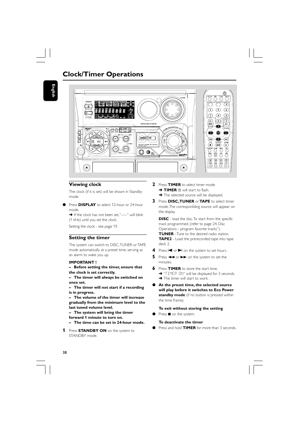 Clock/timer operations, Viewing clock, Setting the timer | Philips FW-D550 User Manual | Page 38 / 47