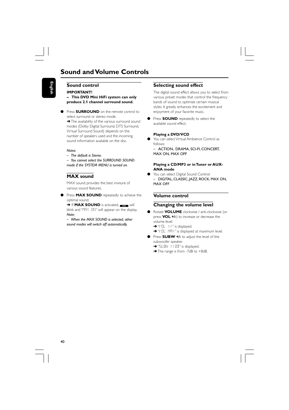 Sound and volume controls | Philips FW-D550 User Manual | Page 40 / 47