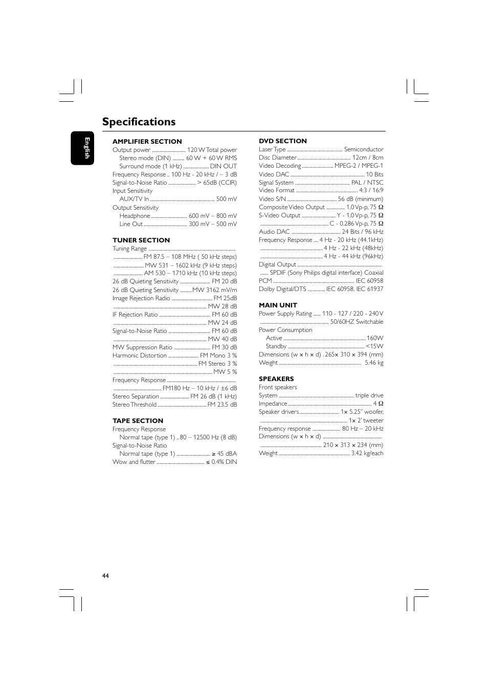 Specifications | Philips FW-D550 User Manual | Page 44 / 47