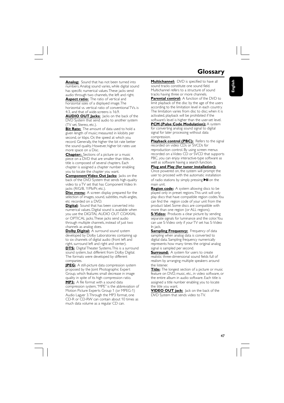 Glossary | Philips FW-D550 User Manual | Page 47 / 47