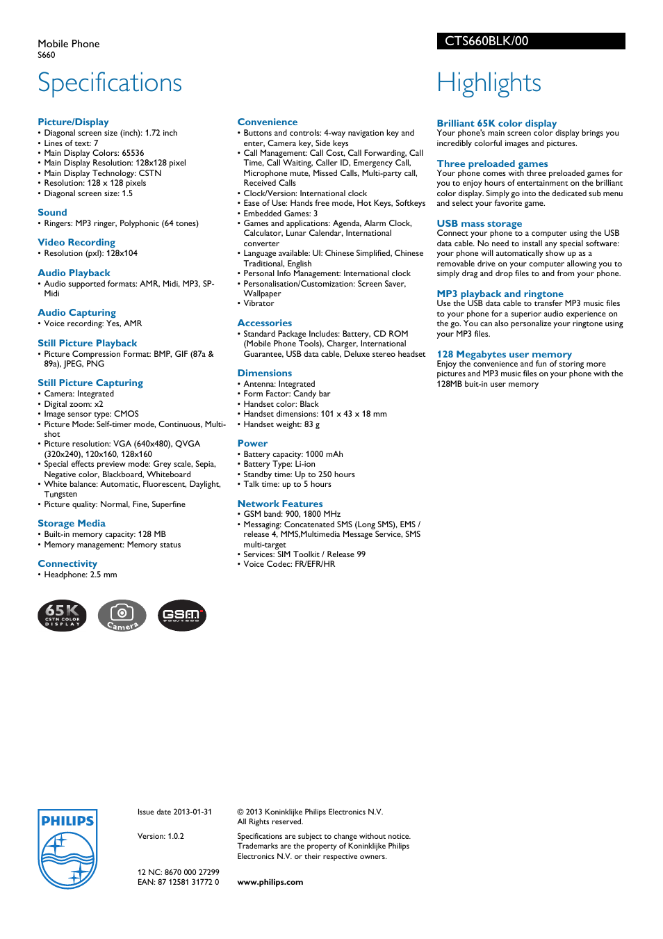 Specifications, Highlights | Philips CTS660BLK User Manual | Page 2 / 2