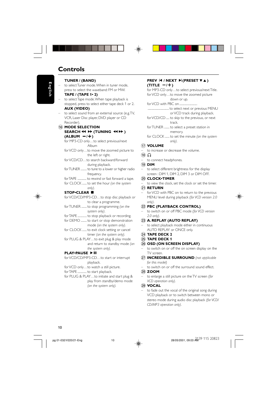 Controls | Philips FW-V220/21 User Manual | Page 10 / 32