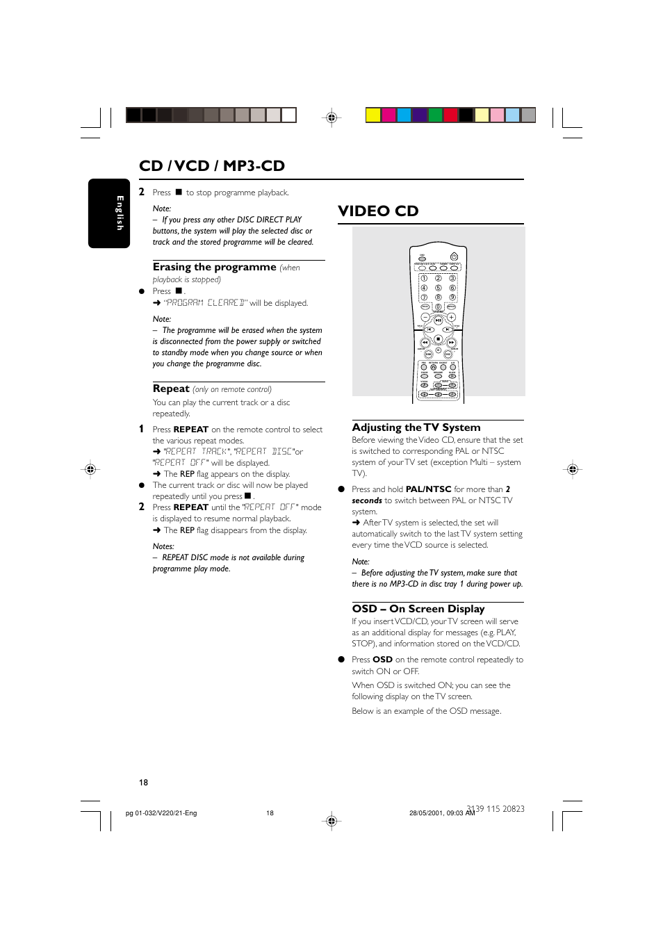 Video cd, Cd / vcd / mp3-cd, Erasing the programme | Repeat, Adjusting the tv system, Osd – on screen display | Philips FW-V220/21 User Manual | Page 18 / 32