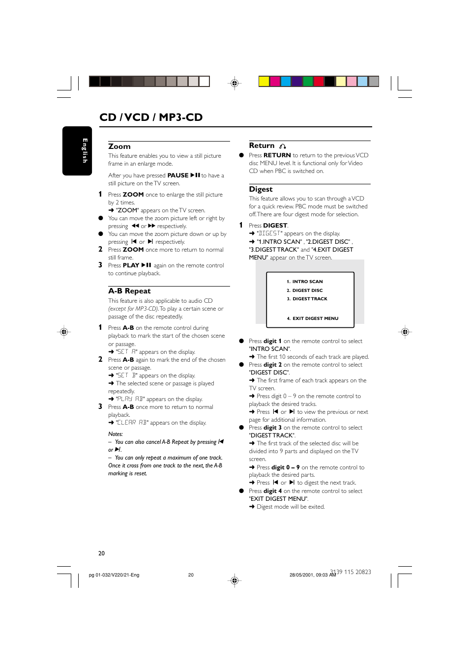 Cd / vcd / mp3-cd, Zoom, A-b repeat | Return, Digest | Philips FW-V220/21 User Manual | Page 20 / 32