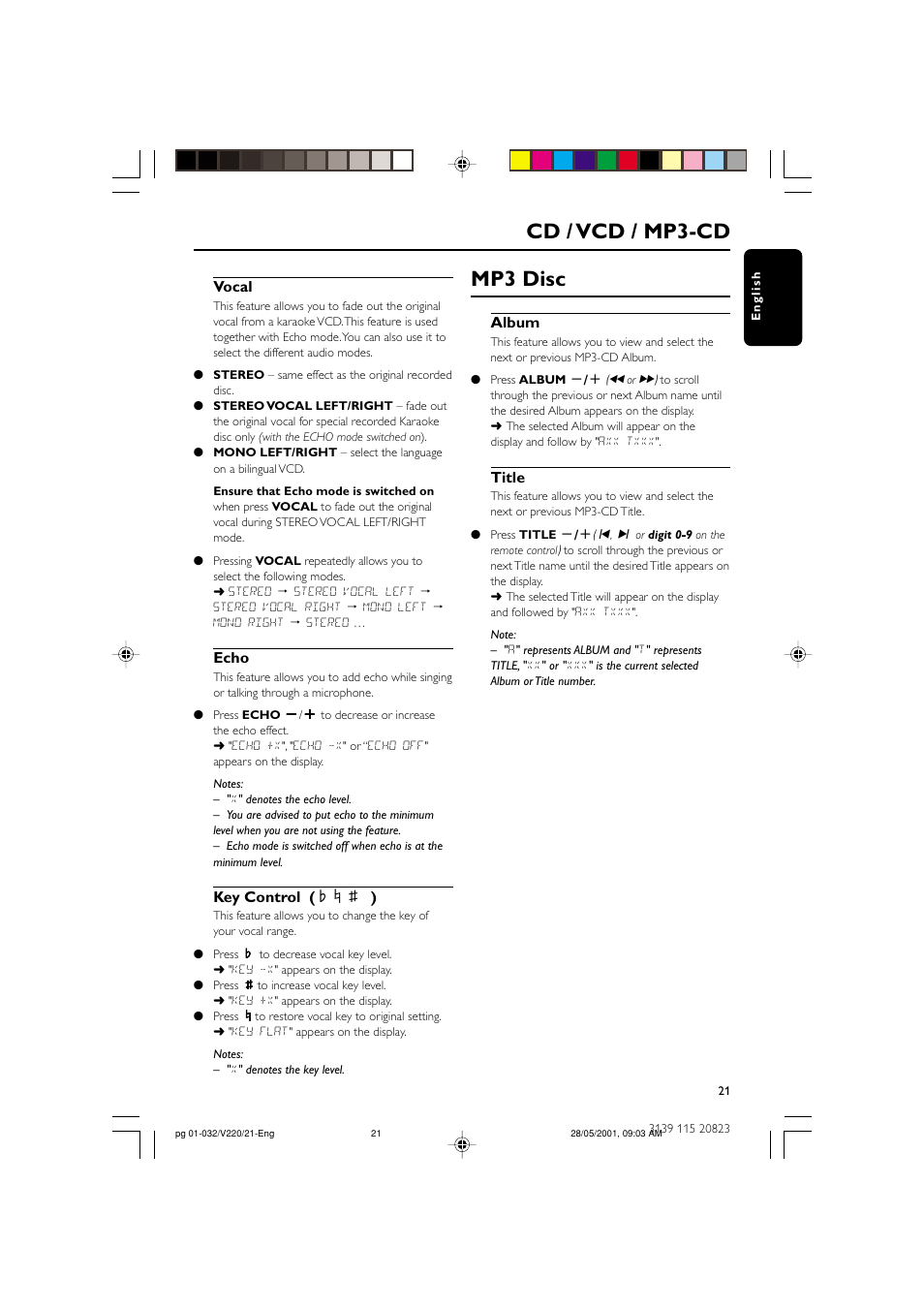 Mp3 disc, Cd / vcd / mp3-cd, Vocal | Echo, Key control ( i è i ), Album, Title | Philips FW-V220/21 User Manual | Page 21 / 32