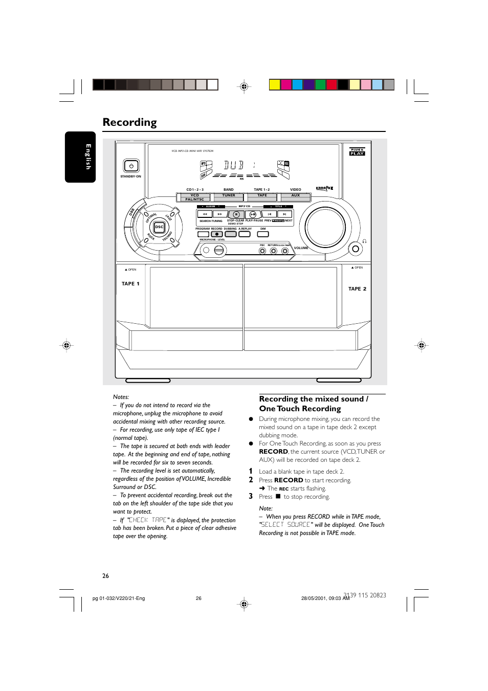 Recording, Recording the mixed sound / one touch recording, Load a blank tape in tape deck 2 | Press record to start recording. ➜ the, Starts flashing | Philips FW-V220/21 User Manual | Page 26 / 32