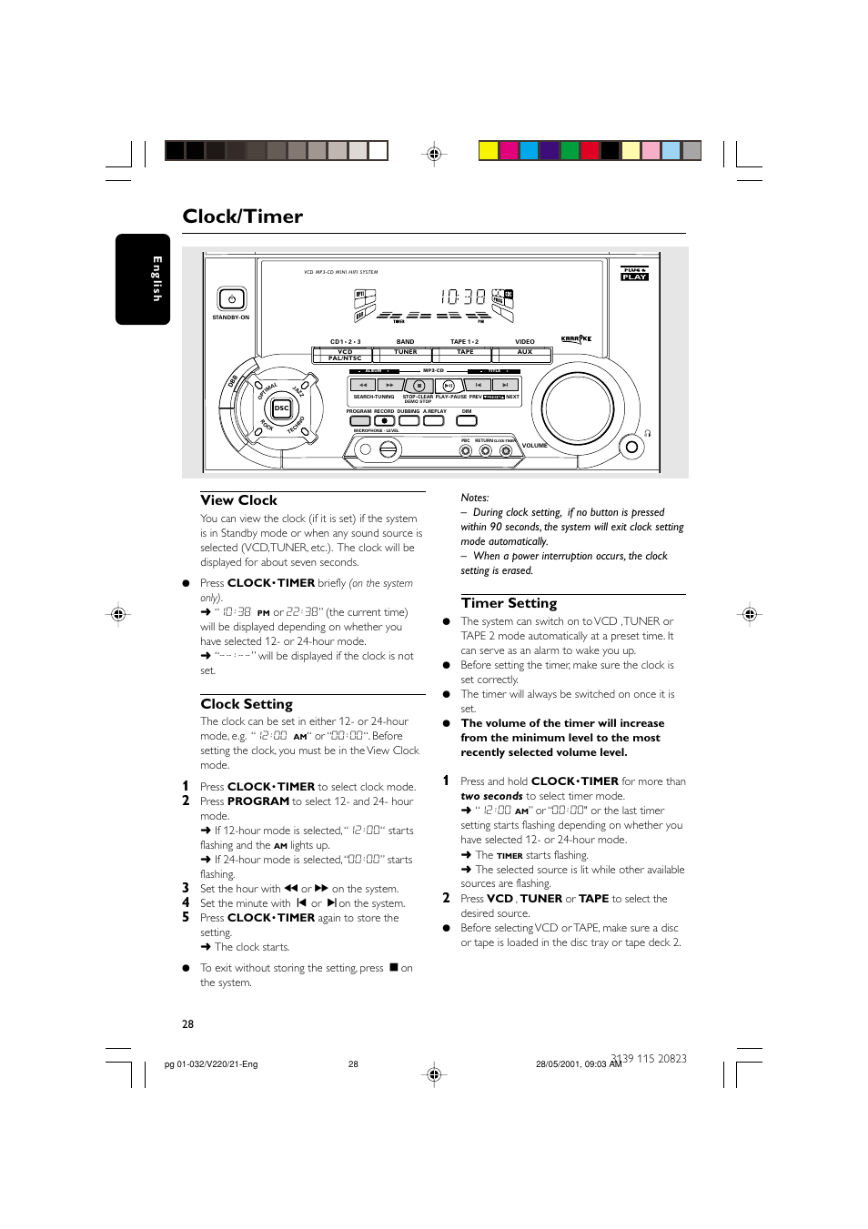 Clock/timer, View clock, Clock setting | Timer setting | Philips FW-V220/21 User Manual | Page 28 / 32