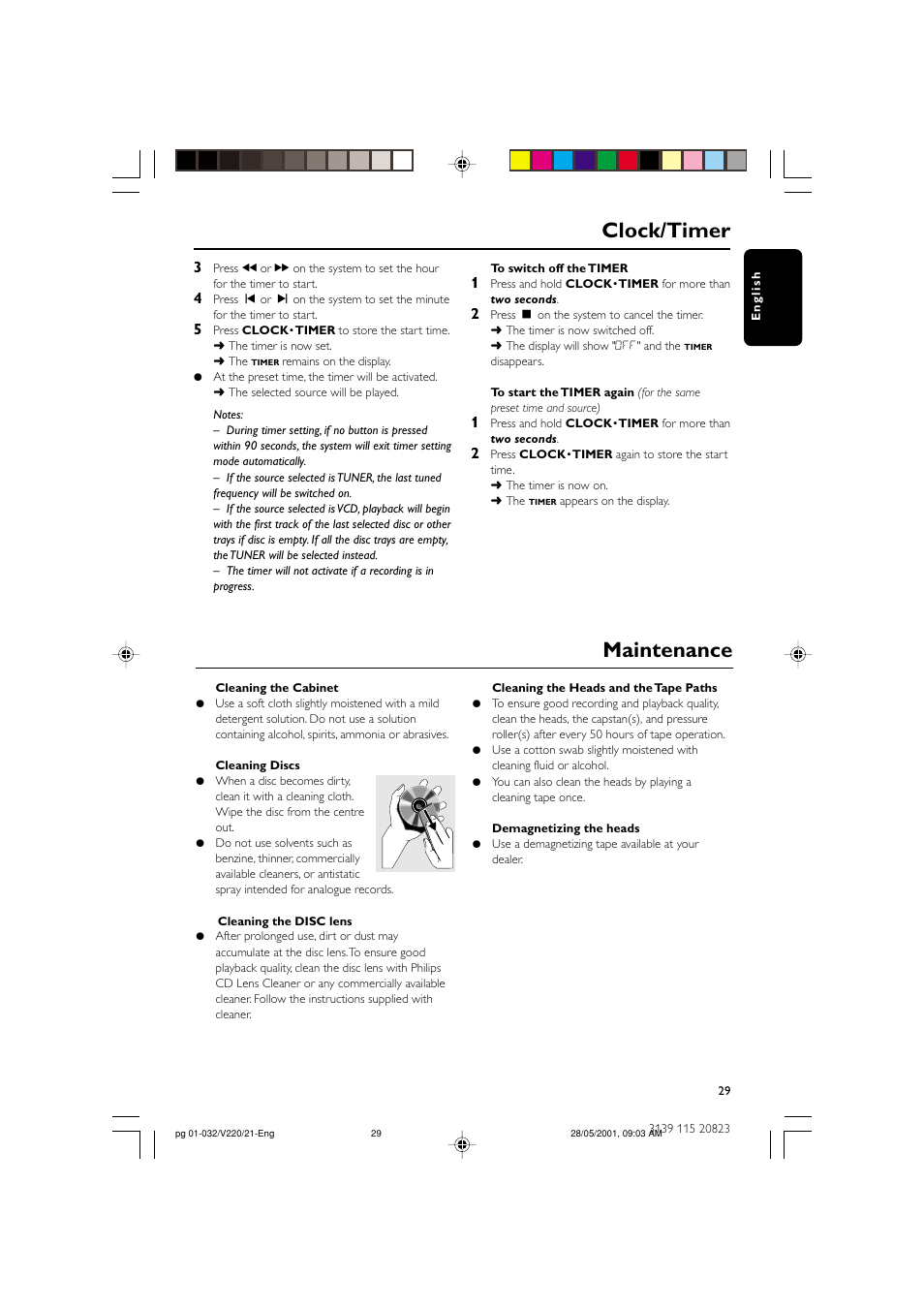 Clock/timer, Maintenance | Philips FW-V220/21 User Manual | Page 29 / 32