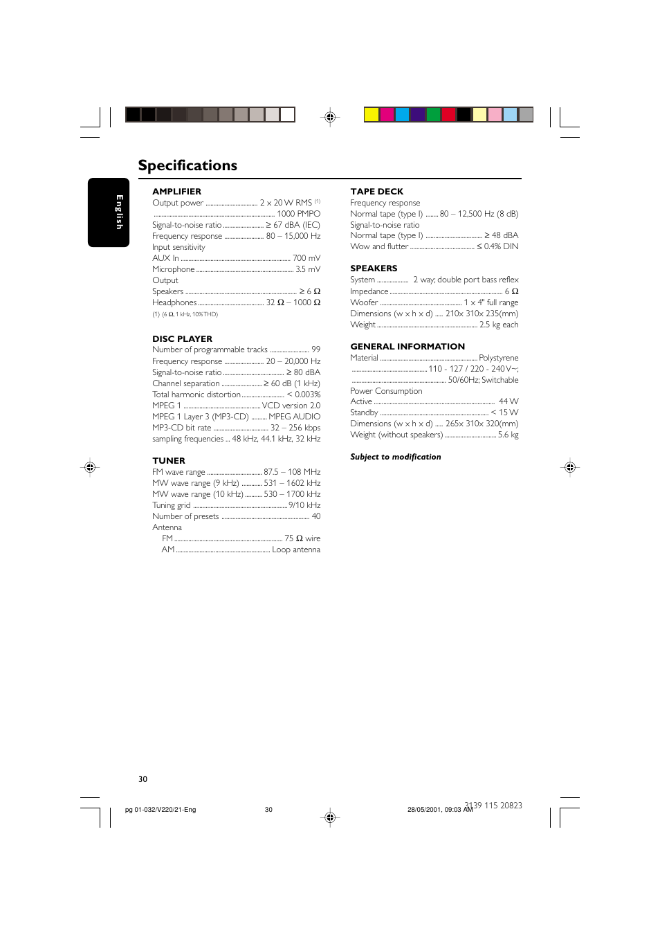 Specifications | Philips FW-V220/21 User Manual | Page 30 / 32