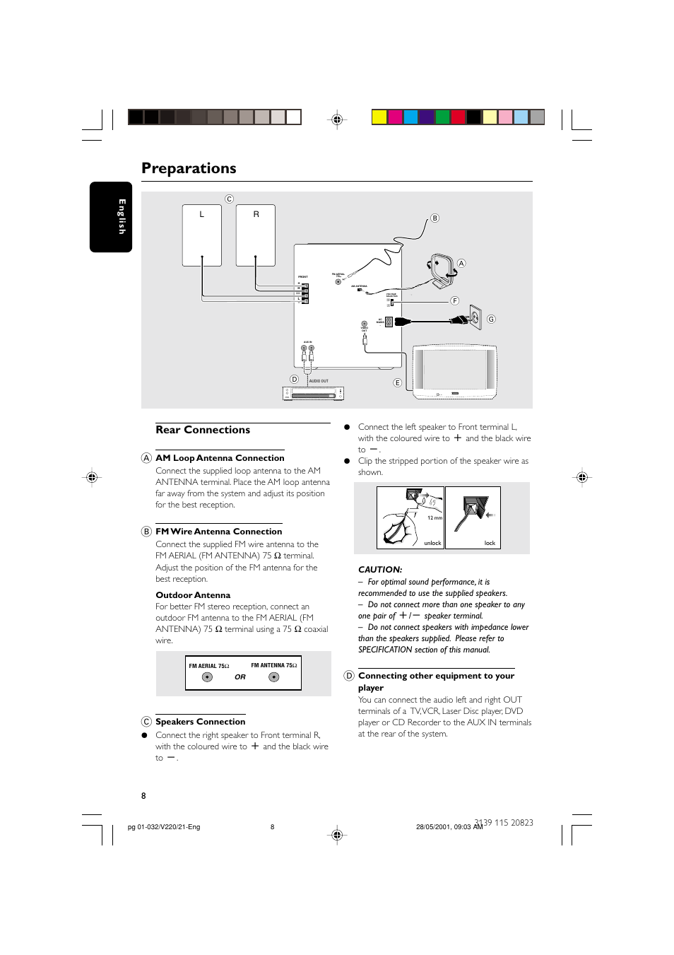 Preparations, Rear connections a | Philips FW-V220/21 User Manual | Page 8 / 32
