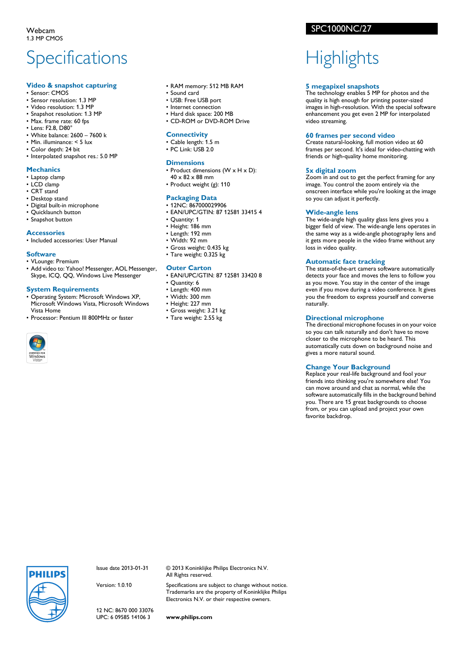 Specifications, Highlights | Philips SPC1000NC User Manual | Page 2 / 2