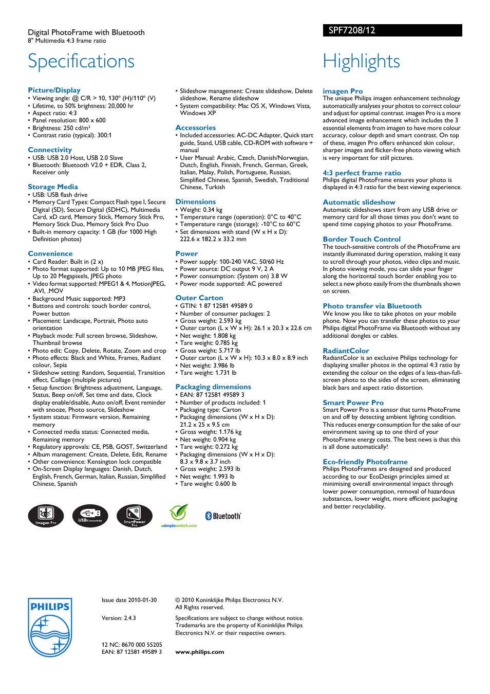 Specifications, Highlights | Philips SPF7208/12 User Manual | Page 2 / 2