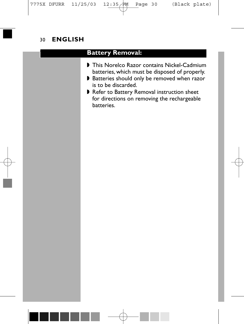 Battery removal | Philips TRIPLEHEADER 7775X User Manual | Page 29 / 63