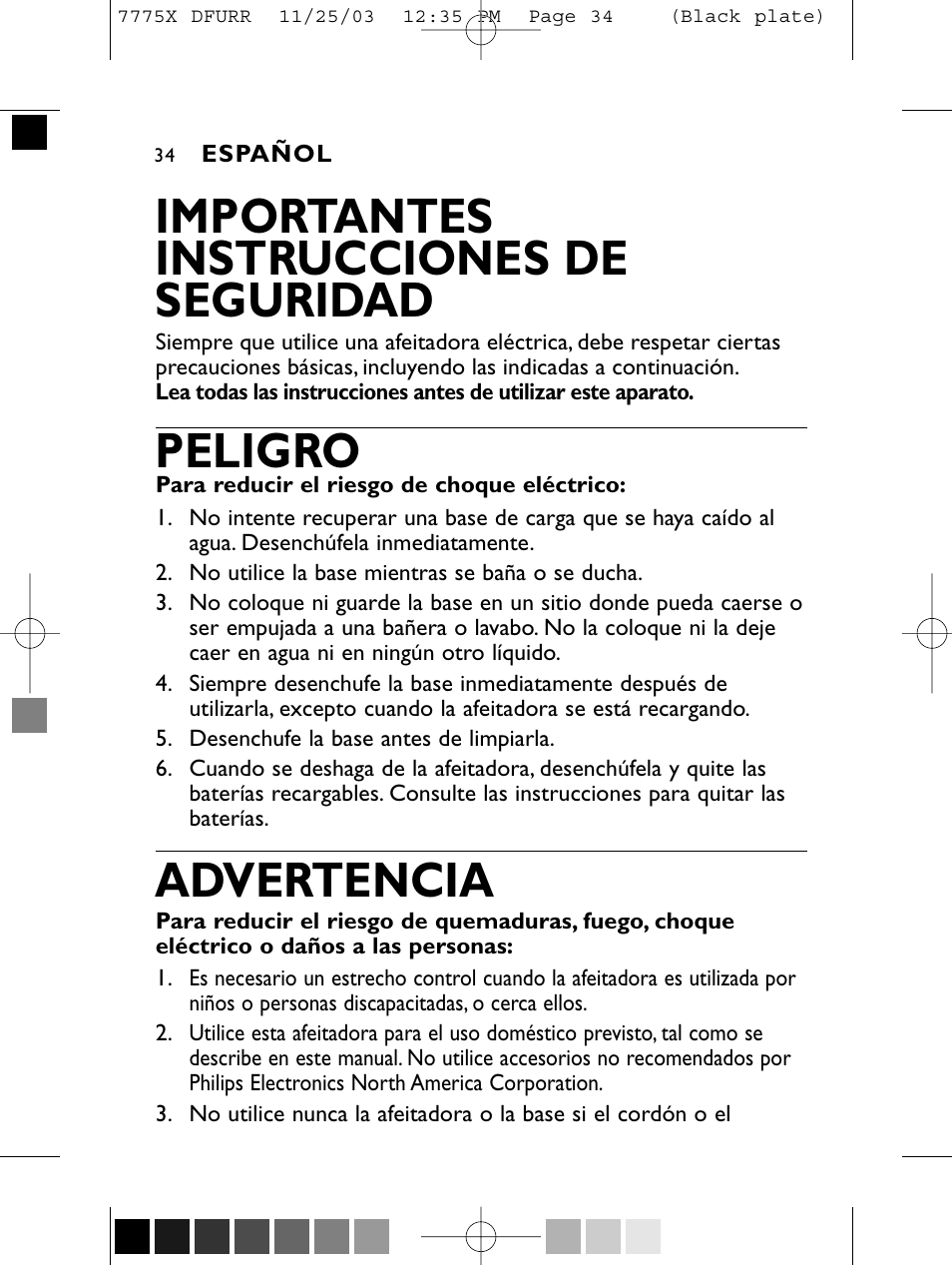 Importantes instrucciones de seguridad, Peligro, Advertencia | Philips TRIPLEHEADER 7775X User Manual | Page 33 / 63
