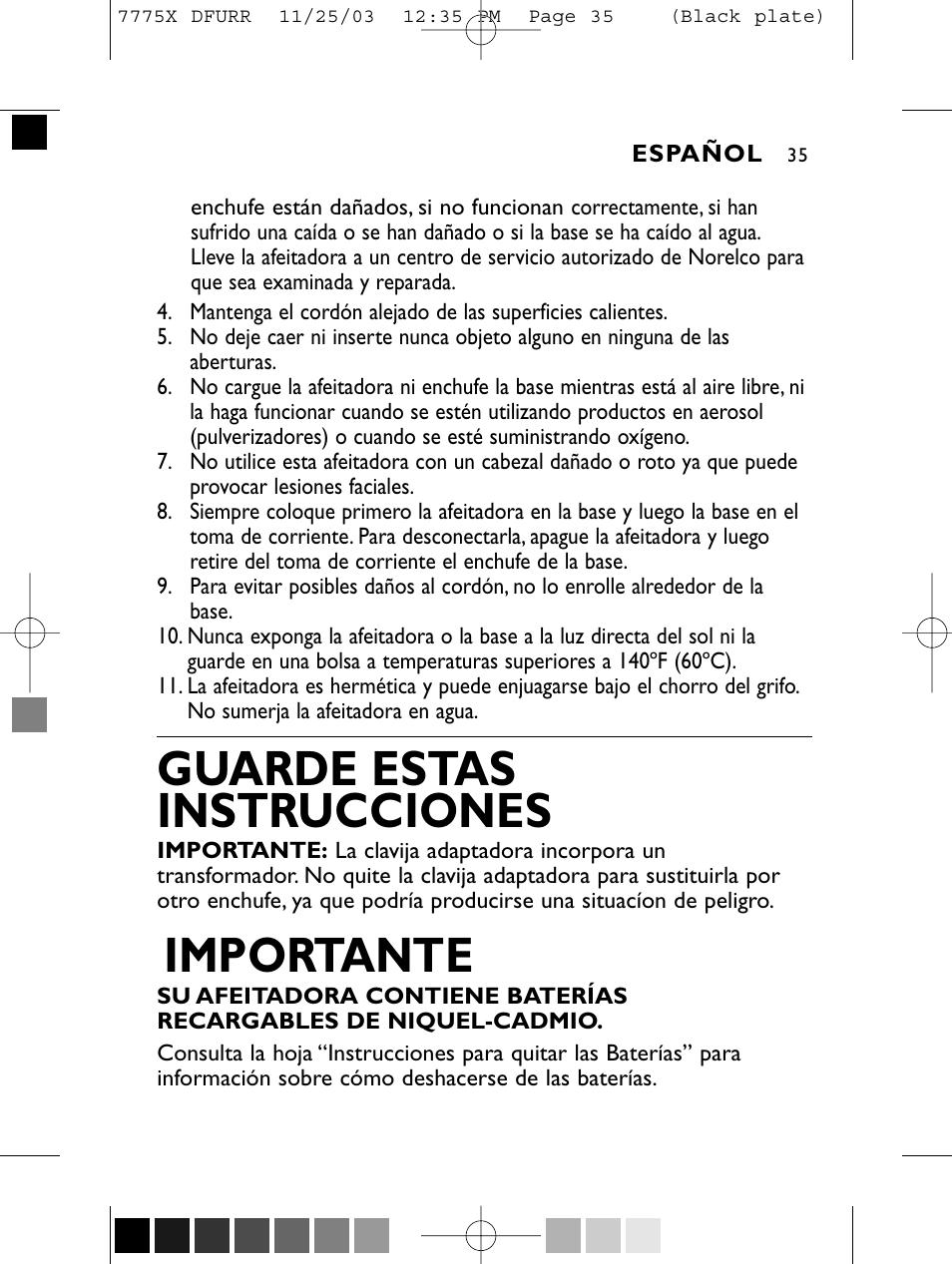 Guarde estas instrucciones, Importante | Philips TRIPLEHEADER 7775X User Manual | Page 34 / 63