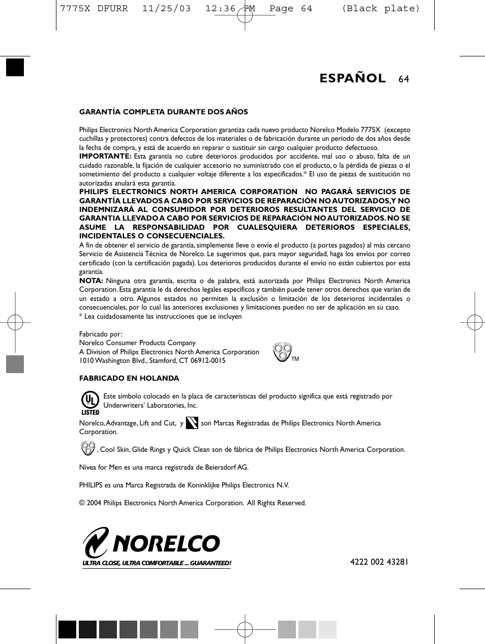 Español | Philips TRIPLEHEADER 7775X User Manual | Page 63 / 63