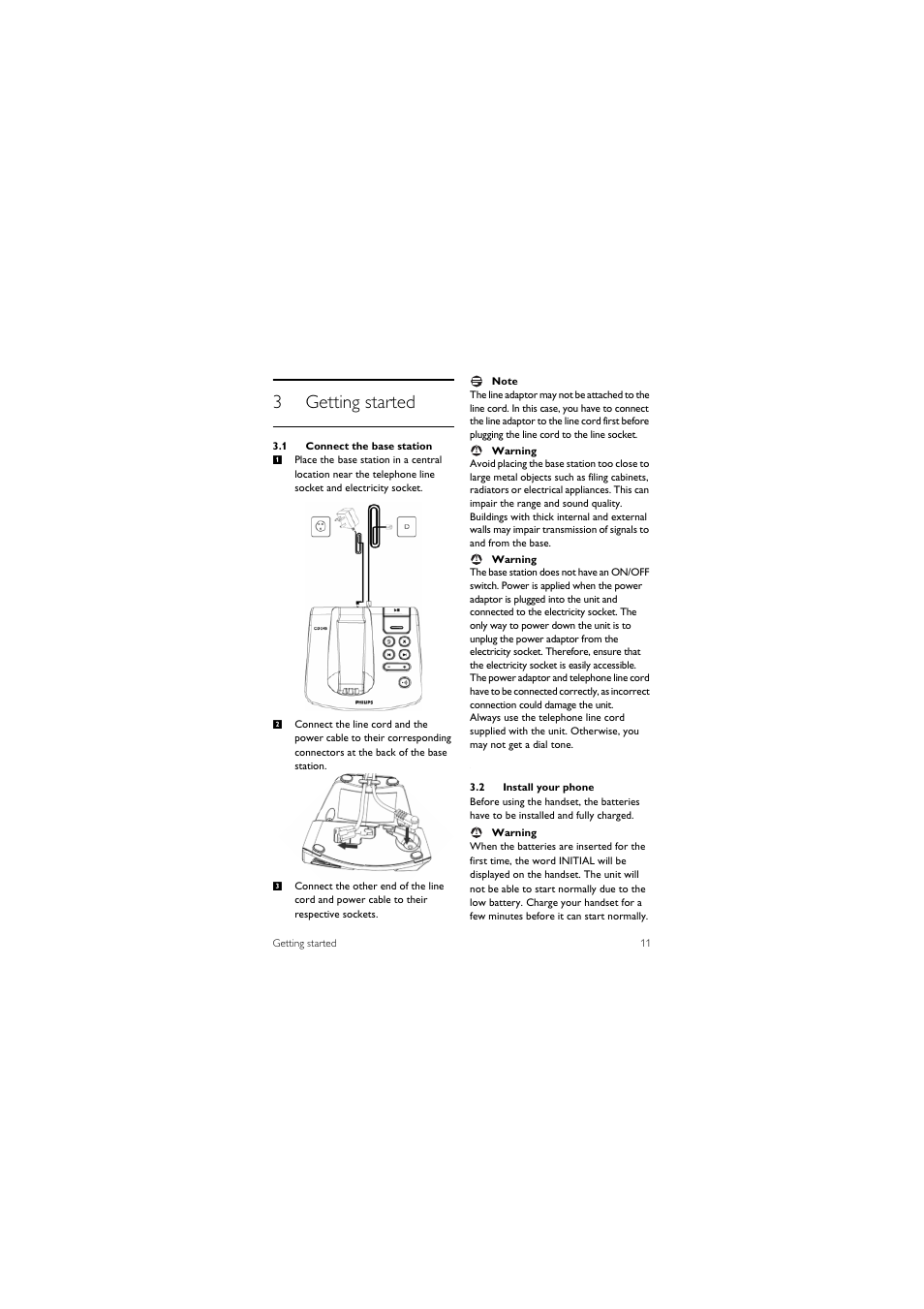 3 getting started, 1 connect the base station, 2 install your phone | 3getting started | Philips CD245 User Manual | Page 13 / 48