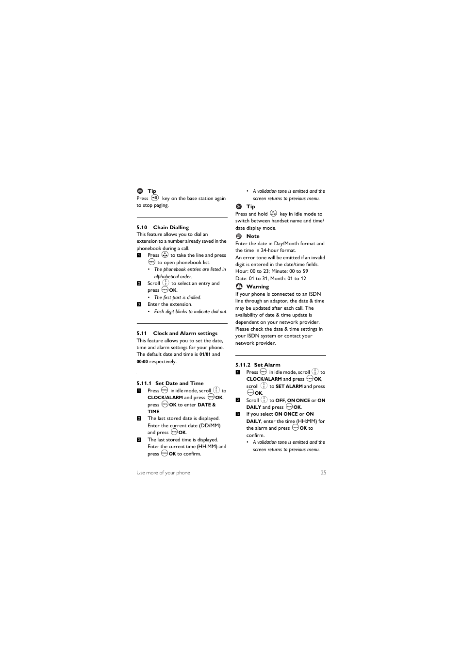 10 chain dialling, 11 clock and alarm settings | Philips CD245 User Manual | Page 27 / 48