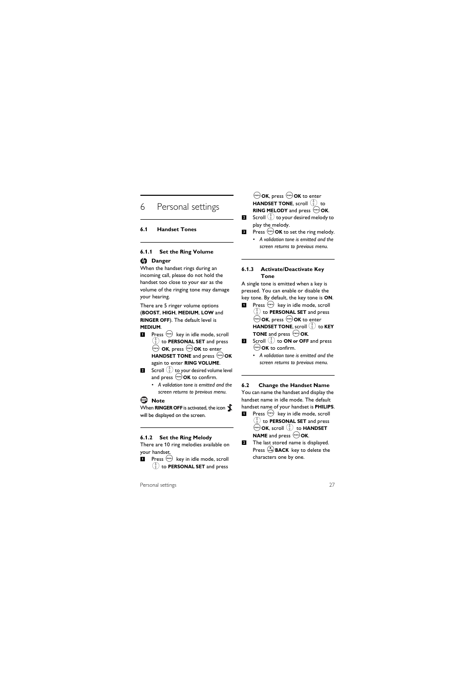 6 personal settings, 1 handset tones, 2 change the handset name | 6personal settings | Philips CD245 User Manual | Page 29 / 48