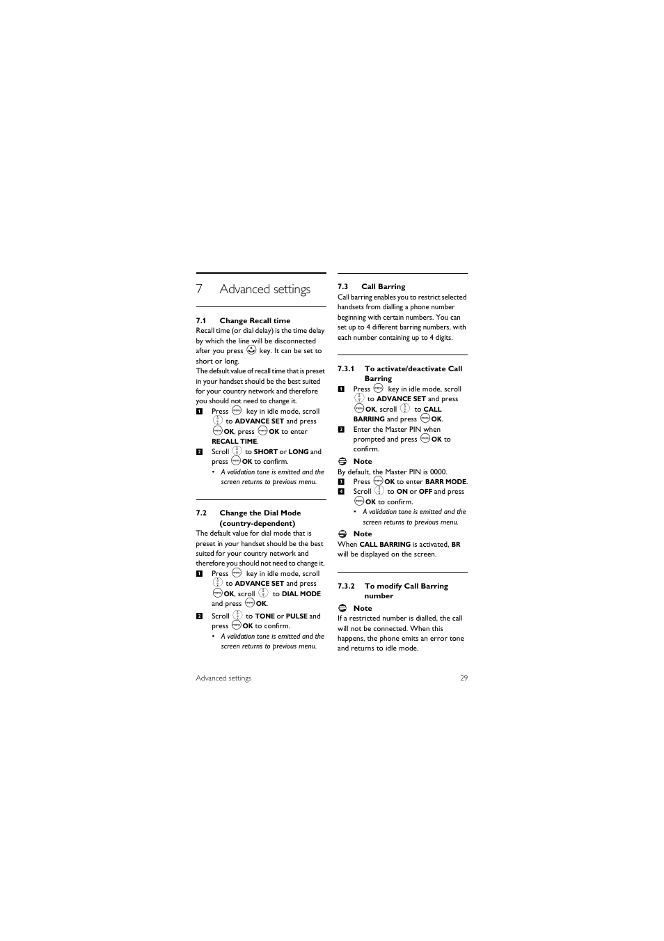 7 advanced settings, 1 change recall time, 2 change the dial mode (country-dependent) | 3 call barring, 7advanced settings | Philips CD245 User Manual | Page 31 / 48