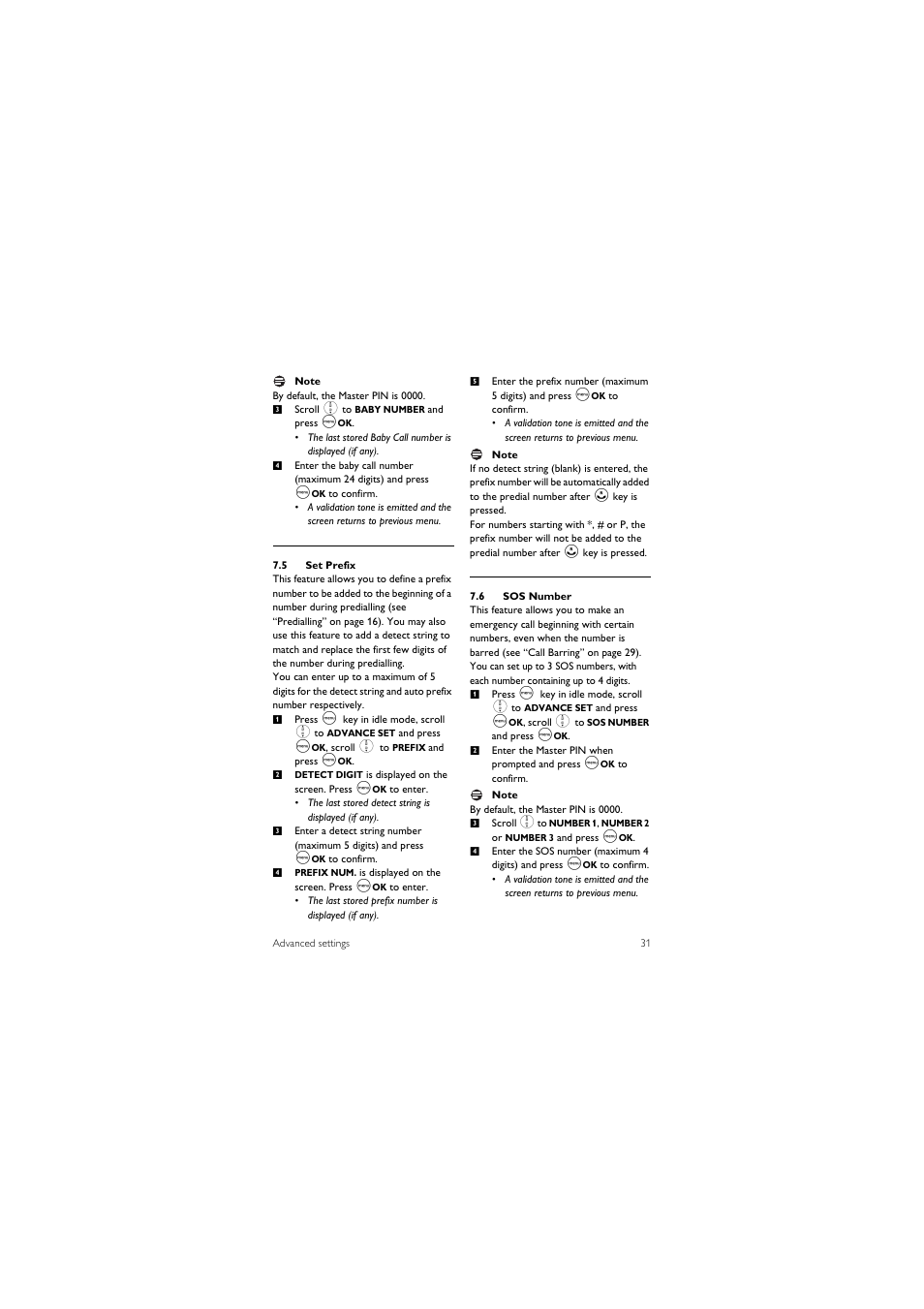 5 set prefix, 6 sos number | Philips CD245 User Manual | Page 33 / 48
