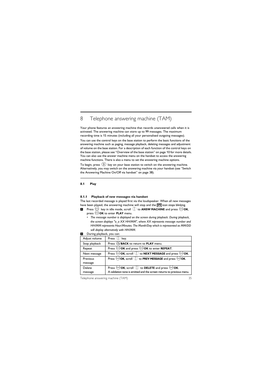 8 telephone answering machine (tam), 1 play, 8telephone answering machine (tam) | Philips CD245 User Manual | Page 37 / 48