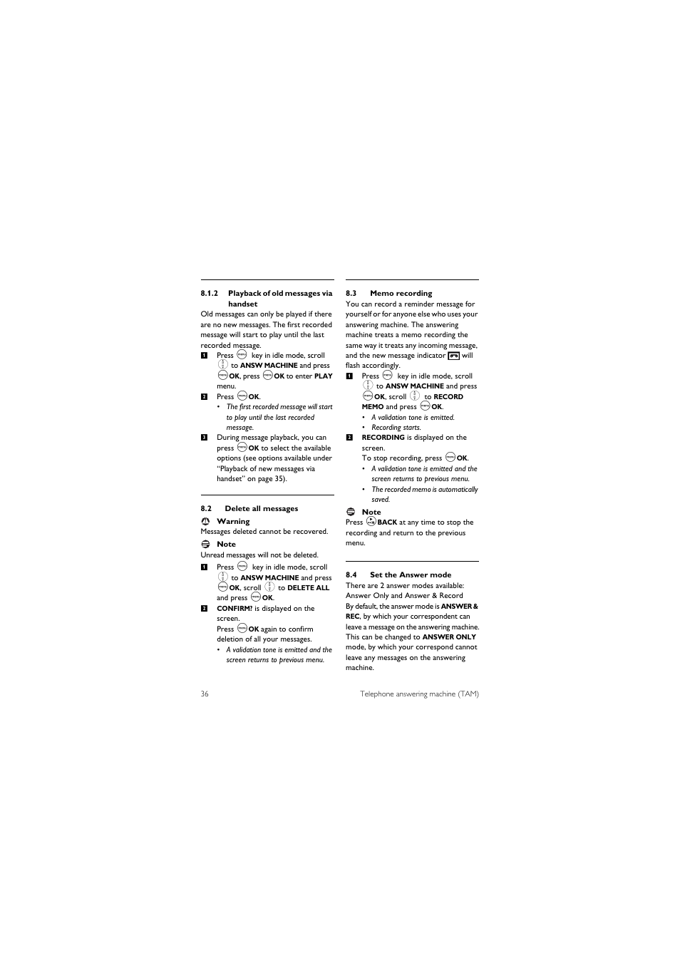 2 delete all messages, 3 memo recording, 4 set the answer mode | Philips CD245 User Manual | Page 38 / 48