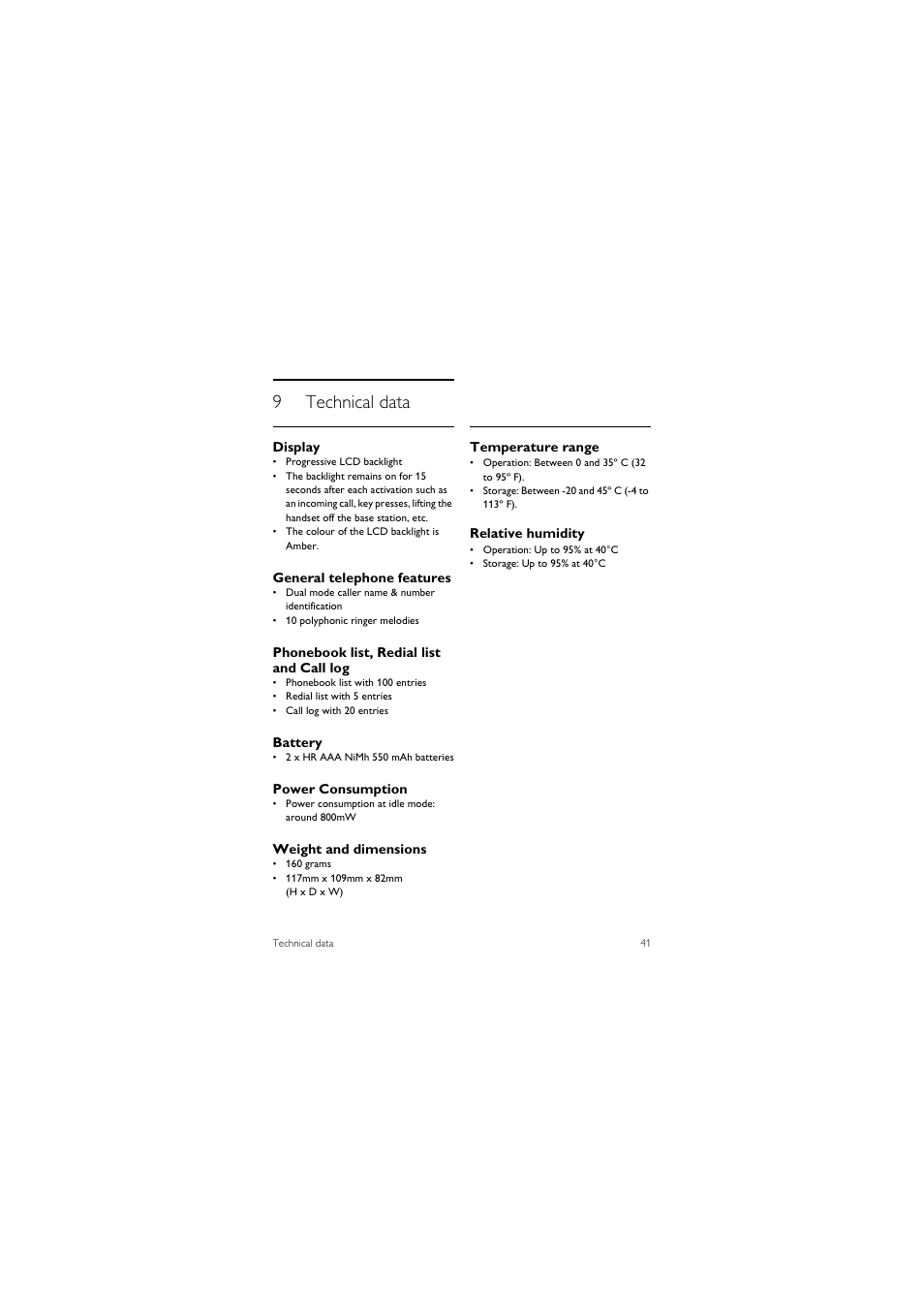 9 technical data, 9technical data | Philips CD245 User Manual | Page 43 / 48