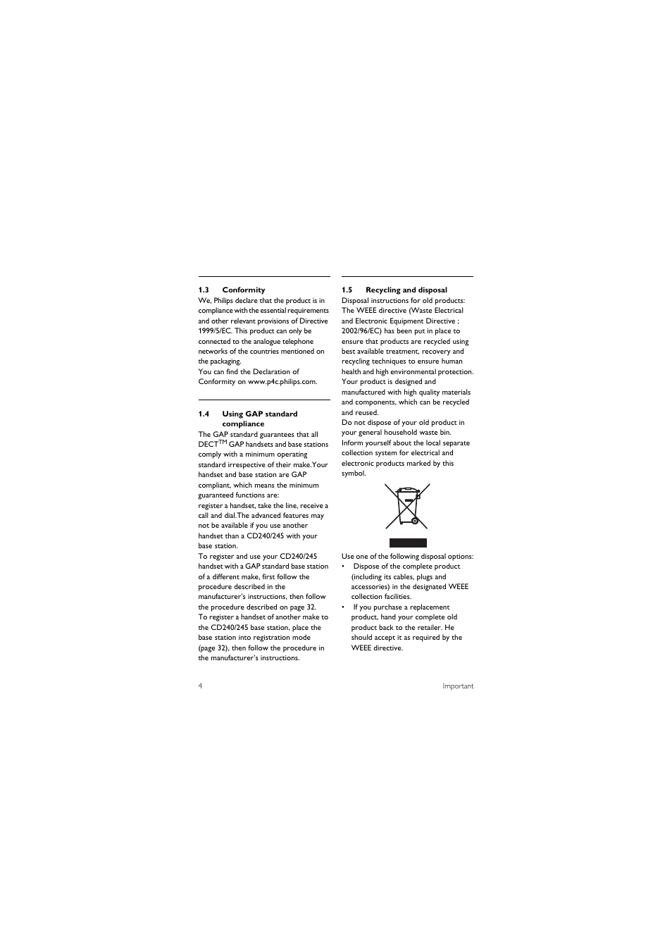 3 conformity, 4 using gap standard compliance, 5 recycling and disposal | Philips CD245 User Manual | Page 6 / 48