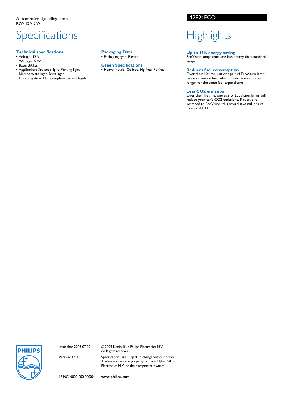 Specifications, Highlights | Philips Automotive Signalling Lamp 12821ECO User Manual | Page 2 / 2