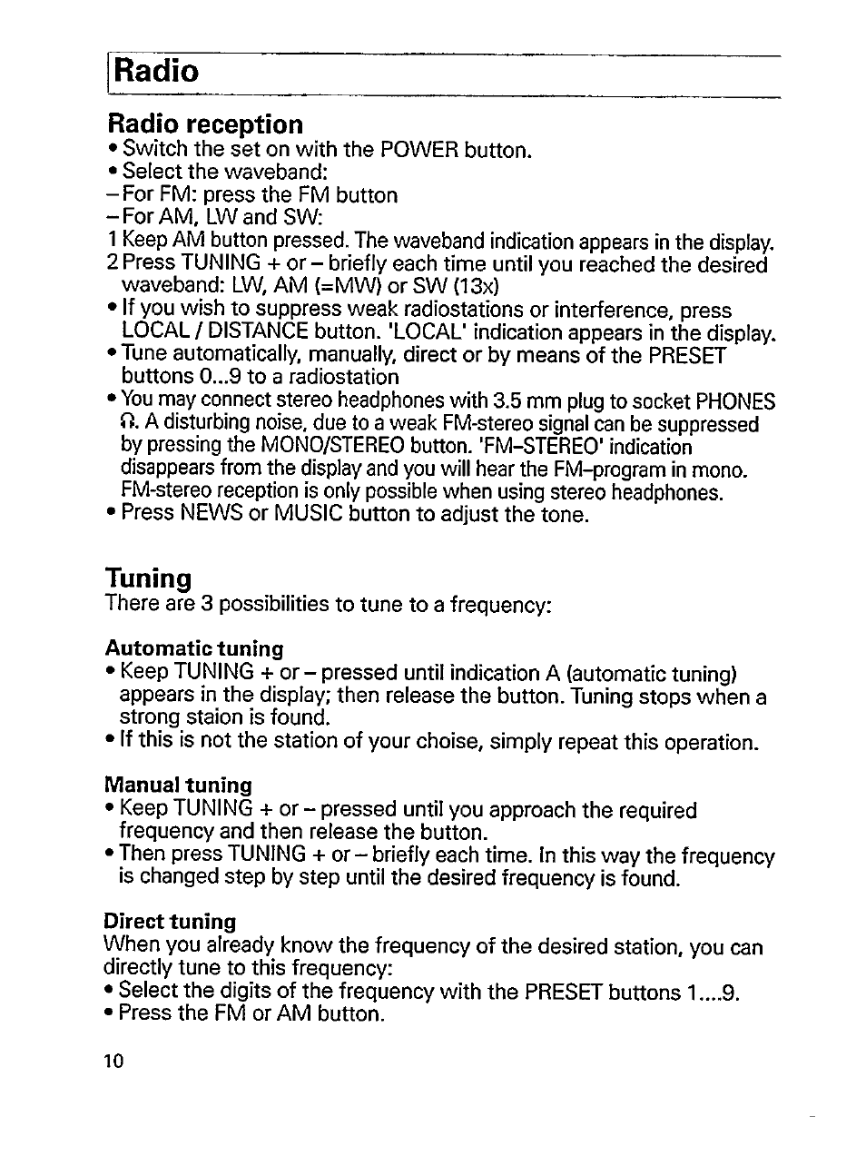 Radio reception, Tuning, Automatic tuning | Manual tuning, Direct tuning, Radio | Philips ini AE 3905 User Manual | Page 10 / 22