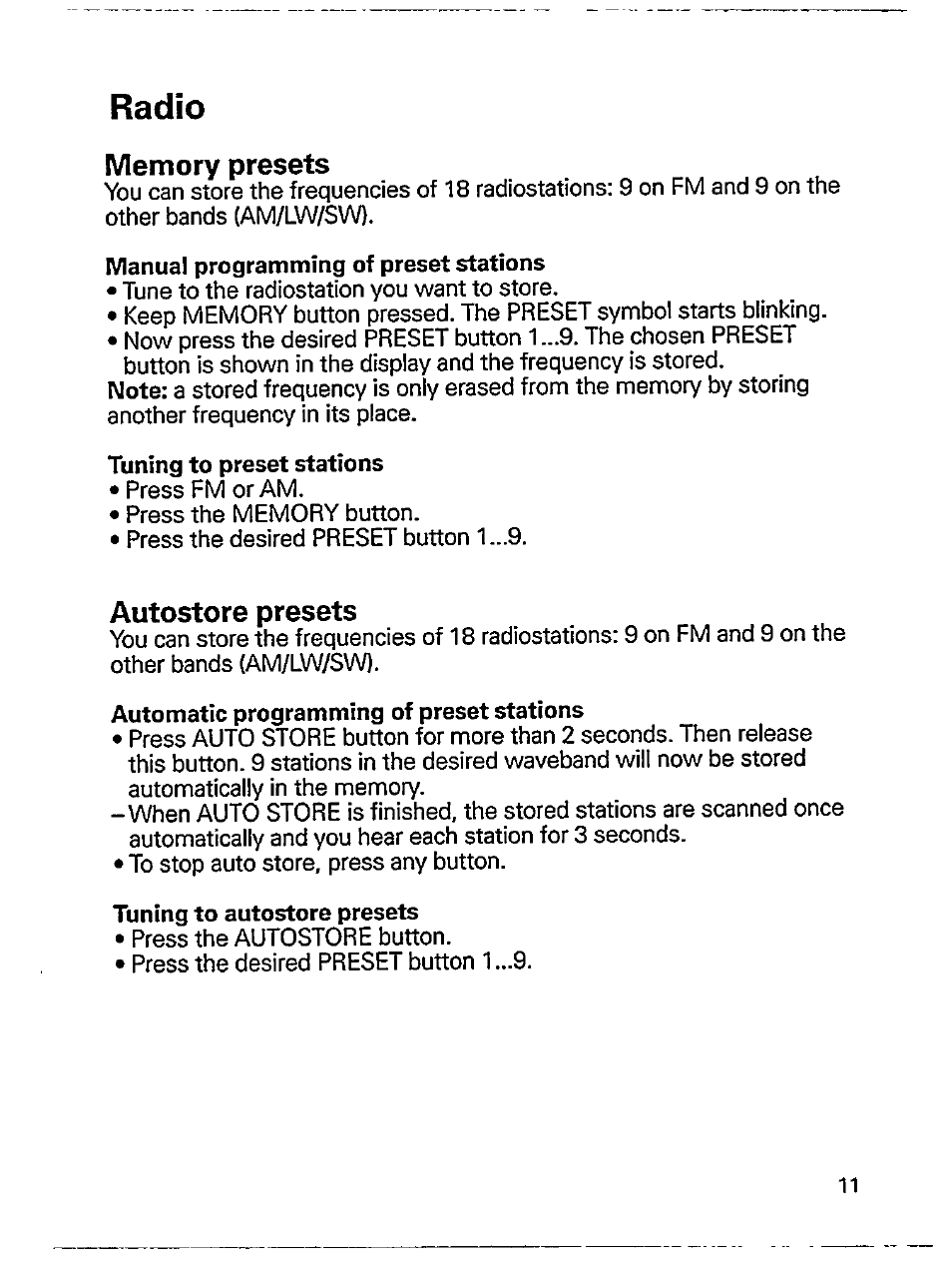 Memory presets, Autostore presets, Radio | Philips ini AE 3905 User Manual | Page 11 / 22