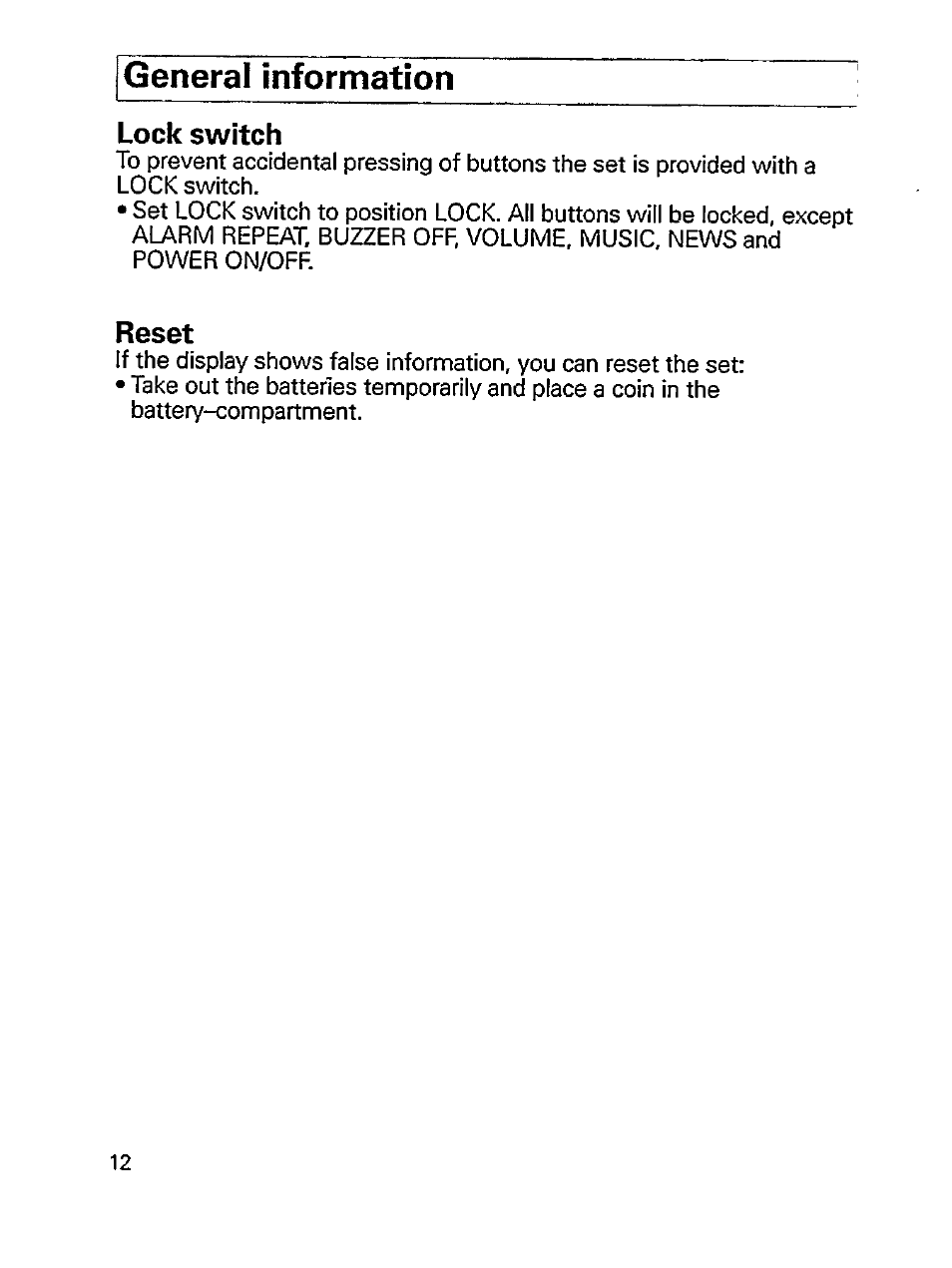 General information, Lock switch, Reset | Philips ini AE 3905 User Manual | Page 12 / 22