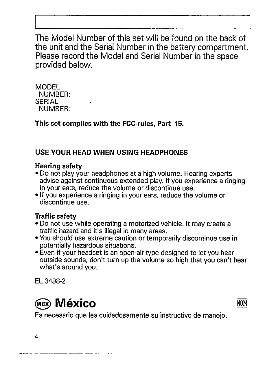 This set complies with the fcc-rules, part 15, Use your head when using headphones, Hearing safety | Traffic safety, 0) méxico hom | Philips ini AE 3905 User Manual | Page 4 / 22